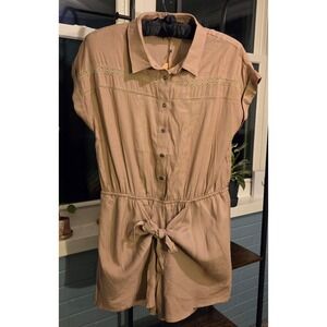 Kori America Boho Romper Button Down Tie‎ Waist Lace Detail Size Large NWT